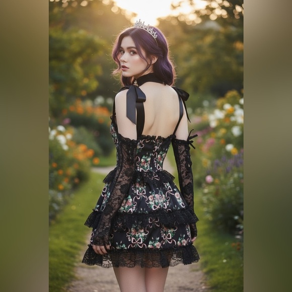 NWT Widow Bewitched Bloom Mini Dress w/ Petticoat Corset Satin Shoulder Ties - Picture 15 of 15